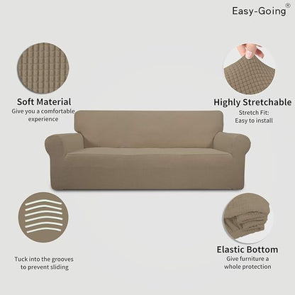 Easy-Going Stretch Oversized Sofa Slipcover 1-Piece Sofa Cover Furniture Protector Couch Soft with Elastic Bottom for Kids, Polyester Spandex Jacquard Fabric Small Checks Natural