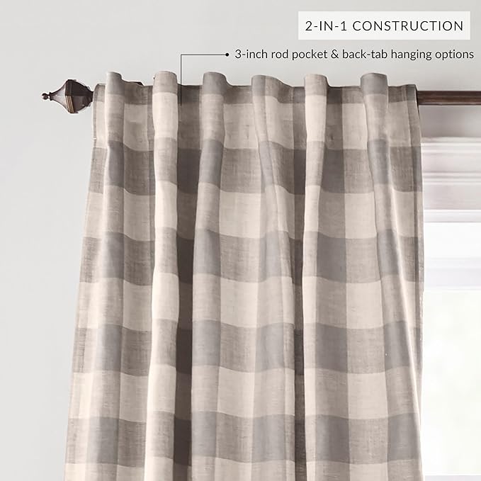 Elrene Home Fashions Farmhouse Living Grainger Buffalo-Check Blackout Window Curtain, Living Room and Bedroom Drape with Rod Pocket Tabs, 52" x 84", Grey, 1 Panel