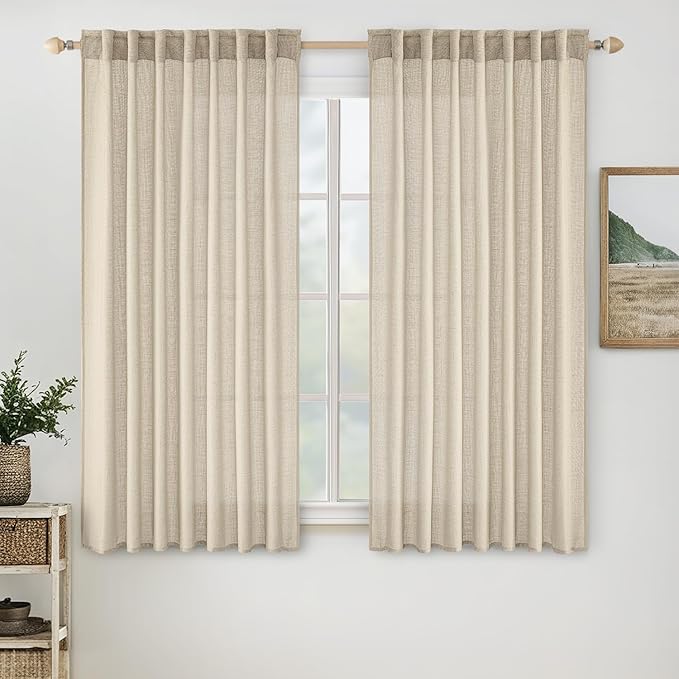MIULEE Short Linen Curtains 45 Inch Length 2 Panels for Kitchen Bedroom Bathroom, Soft Thick Linen Textured Back Tab Window Drapes Semi Sheer Light Filtering Rod Pocket Modern Farmhouse Decor