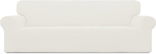 Easy-Going Stretch 4 Seater Sofa Slipcover 1-Piece Sofa Cover Furniture Protector Couch Soft with Elastic Bottom for Kids, Polyester Spandex Jacquard Fabric Small Checks Cream