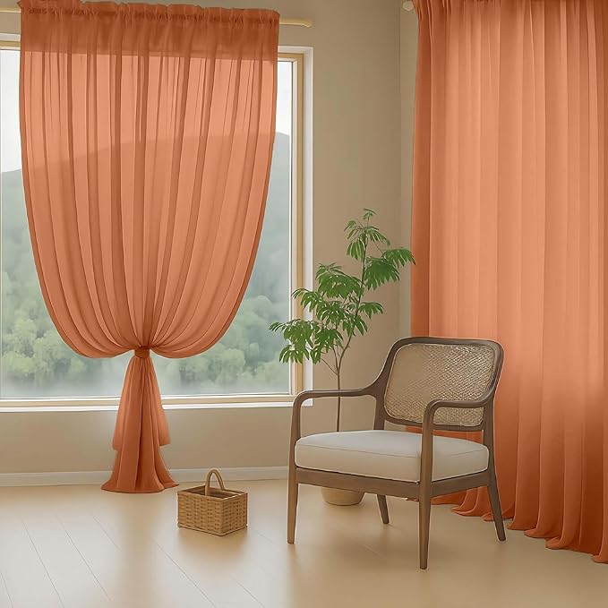 Orange Sheer Curtains 84 Inches Long 2 Panels, Elegant Airy Transparent Light Filtering Window Curtains, Window Drapes for Living Room Bedroom, Top Dual Rod Pocket Design, 2x42Wx84L Inches