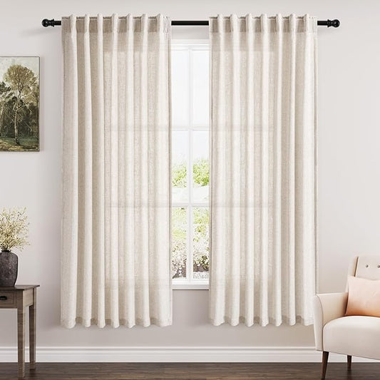 Nanspring Beige Semi Sheer Linen Curtains 72 inch Length for Living Room Back Tab Rod Pocket Modern Farmhouse Coastal Decor Beige Cotton Textured Gauze Curtains for Dining Room Office 52x72