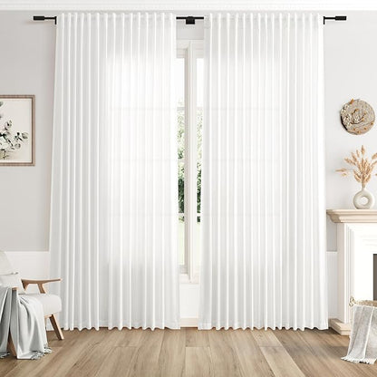Extra Wide 100 Inch Linen Curtains for Living Room Divider Light Filtering Semi Sheer Back Tab Patio Curtains for Sliding Door Off White Coastal Decor Sunroom Floor to Ceiling Window Curtain 100x84