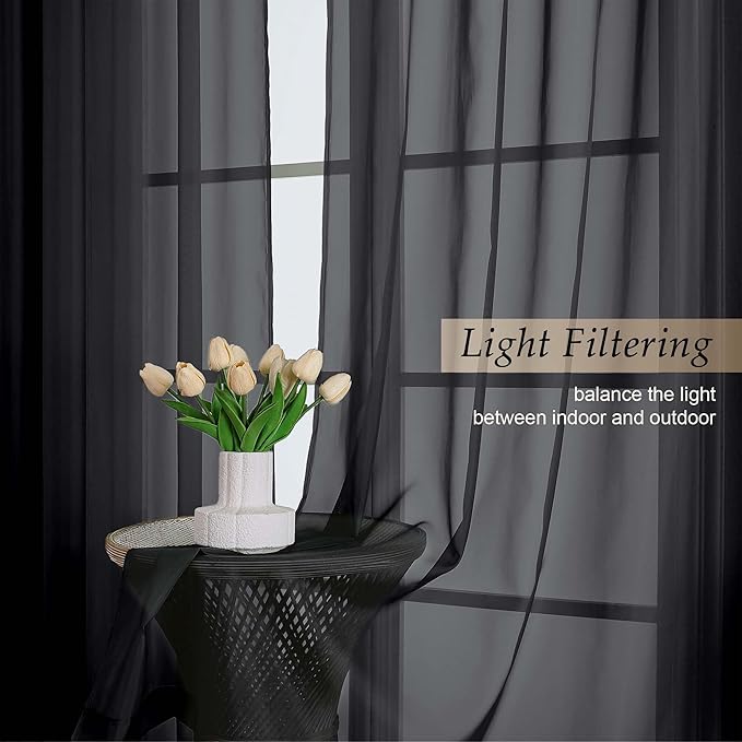 Extra Long Black Sheer Curtains for Bedroom Living Room 120 Inches Long 2 Panels Set, Solid Soft Light Filtering Rod Pocket Sheer Window Curtains, Black, Each 59" Wx120 L Inch