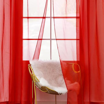 youleyar Solid Sheer Rod Pocket Curtain Voile Draperies 2 Panels White Beige Black Red Coffee 38 Inch Width 63 Inch Long 1 Pair for Kitchen Bedroom Children Living Room Yard(Red,38Wｘ63L)