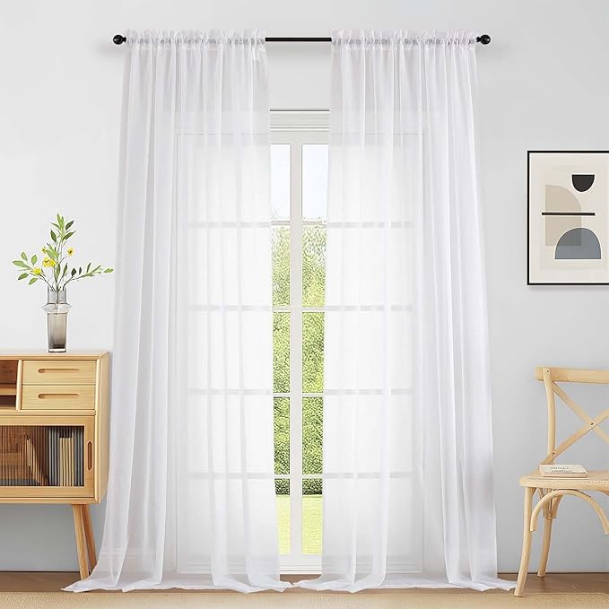 Extra Wide White Sheer Curtains for Window 96 Inches Long 2 Panels Set, Elegant Light Filtering Voile Sheer Curtains for Sliding Glass Door, Dual Rod Pocket Window Drapes, 2x59Wx96L Inches
