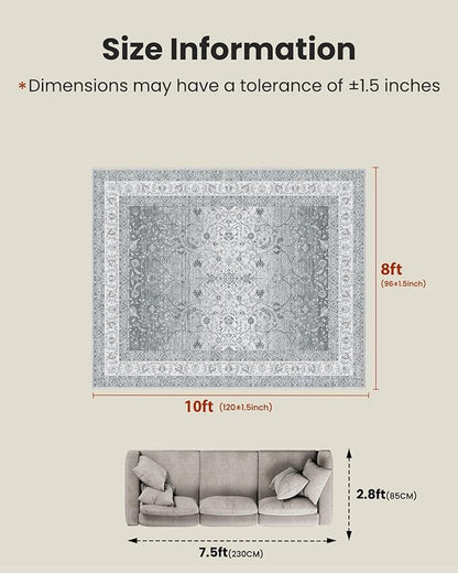 AMADA HOMEFURNISHING 8x10 Area Rugs, Washable Living Room Rug with Non-Slip Backing, Low Pile and Durable Edge Binding, Soft Vintage Floral Rugs for Living Room, Bedroom, Dining Room