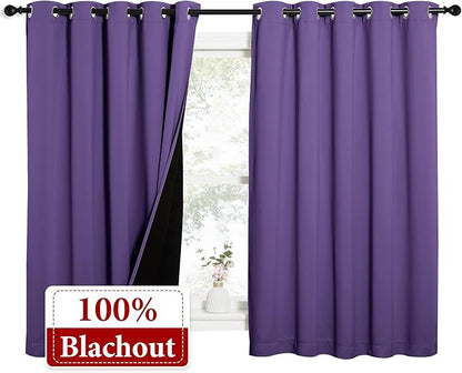 NICETOWN 100% Blackout Curtains with Black Liners, Thermal Insulated Full Blackout 2-Layer Lined Drapes, Energy Efficiency Window Draperies for Bedroom (Lilac Purple, 2 Panels, 62-inch W by 63-inch L)