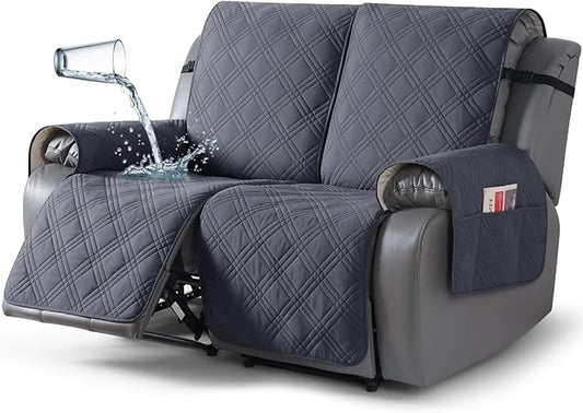TAOCOCO 100% Waterproof Recliner Loveseat Covers 2 Seater, Split Loveseat Covers for Reclining loveseat, Non Slip Reclining Couch Cover with Double Straps for Kids, Pets(2 Seater, Dark Grey)