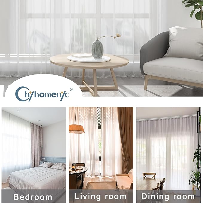 Chyhomenyc White Sheer Curtains 96 inches Long 2 Panels Set, Light Filtering Airy Solid Voile Window Treatment Drapes for Bedroom Living Room, Each 42Wx96L, 8FT Long, Set of 2, White
