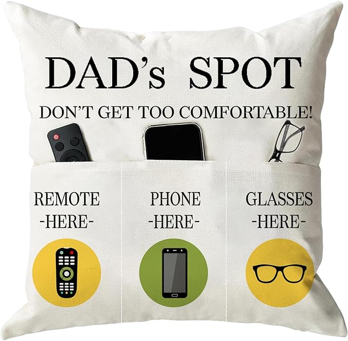 ONFAON Father's Day Throw Pillow Case, Dad's Spot Throw Pillow Covers 18 x 18 Inch，Dad Gifts from Daughter Son，Birthday Christmas Thanksgiving Day Gifts for Papa Stepdad ，3-Pocket