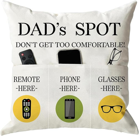 ONFAON Father's Day Throw Pillow Case, Dad's Spot Throw Pillow Covers 18 x 18 Inch，Dad Gifts from Daughter Son，Birthday Christmas Thanksgiving Day Gifts for Papa Stepdad ，3-Pocket