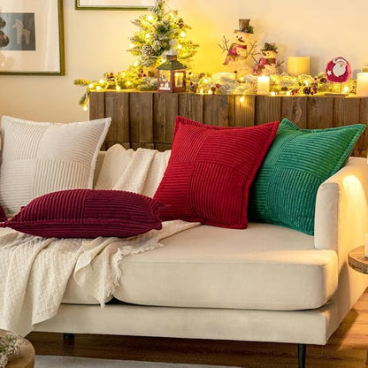 MIULEE Decorative Euro Sham Throw Pillow Covers for Couch Bed Livingroom 24x24 Inch Set of 2 Red Boho Accent Throw Pllows Broadside Striped Patchwork Soft Corduroy Pillowcases