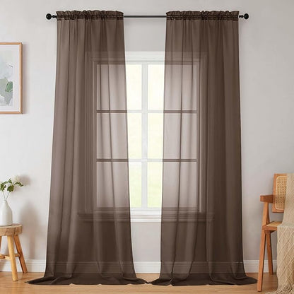 Chocolate Sheer Curtains for Bedroom Living Room 96 Inches Long 2 Panels, Modern Airy Soft Lightweight Rod Pocket Light Filtering Sheer Curtains Drapes, Chocolate, Each 42" Wx96 L Inch