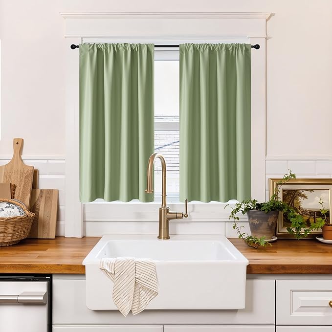 RYB HOME 100% Blackout Short Curtains for Small Window, Thermal Insulated Total Room Darkening Noise Reducing Curtains for Kitchen Bathroom Basement, 42 inches Wide by 48 inches Long, Sage Green