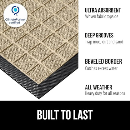 GORILLA GRIP 100% Waterproof All-Season WeatherMAX Doormat US Designed Natural Rubber, Stain and Fade Resistant, Low Profile Indoor Outdoor Door Mats, Easy Clean Patio Mat, 29x17, Taupe Grid
