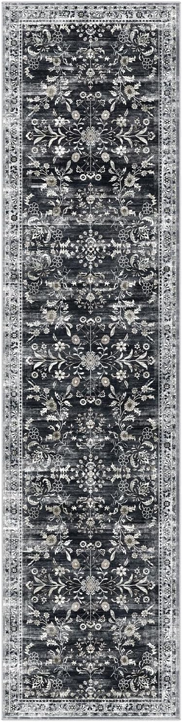 Yamaziot Washable Runner Rug 2x8 – Non Slip Boho Floral Hallway Runner Rug with Rubber Backing, Low Pile Faux Wool Distressed Carpet for Kitchen, Laundry, Bedroom, Entrance, Navy/Black