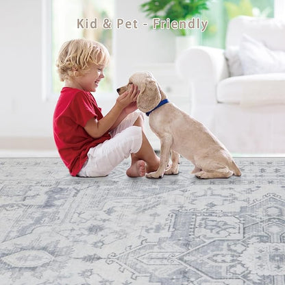 Srugn Area Rug 6x9 Washable Area Rugs for Living Room- Ultra Soft Non-Shedding Faux Wool Bedroom Rug Large Grey Vintage Print Rugs with Non Slip Rubber- Indoor Retro Foldable Carpet for Dining Room