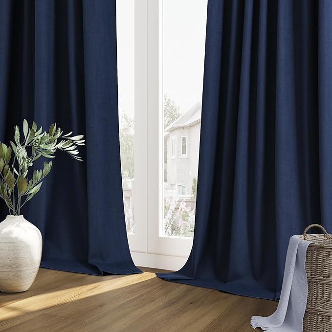 Guken Navy Blue 100% Blackout Curtains 72 Inch Length 2 Panels Set for Living Room Bedroom Back Tab Thermal Insulated Black Out Linen Drapes Room Darkening Window Curtains 72 Inches Long