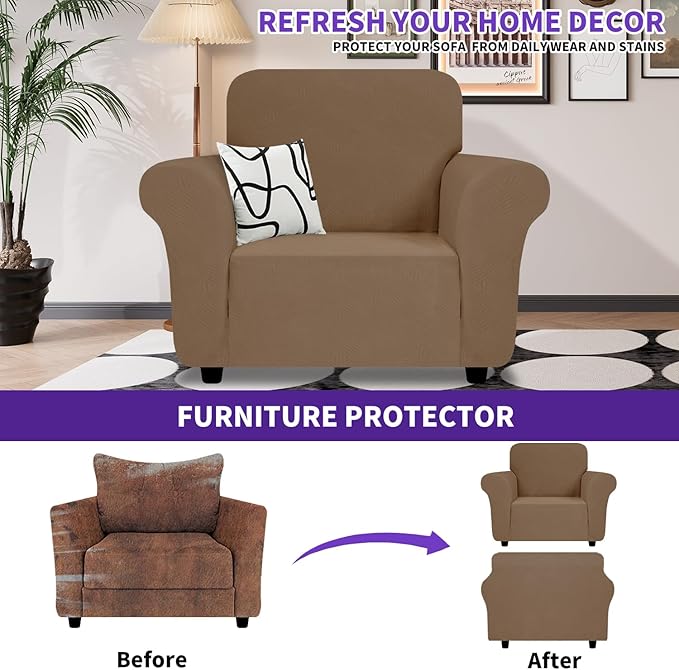 ZNSAYOTX Chair Cover with Arms (30"-47"), New Striped Sofa Chair Covers for Living Room, Dogs Pet Friendly Anti-Slip Chair Protector Spandex Armchair Slipcovers (Light Coffee, Chair)