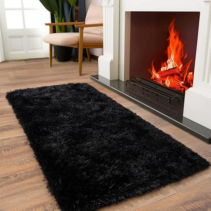 Soft Runner Rugs for Bedroom Hallways, 2x4 Black Fluffy Shag Throw Area Rug Non Slip for Bedside Dorm, Long Shaggy Furry Carpet for Nursery Living Room