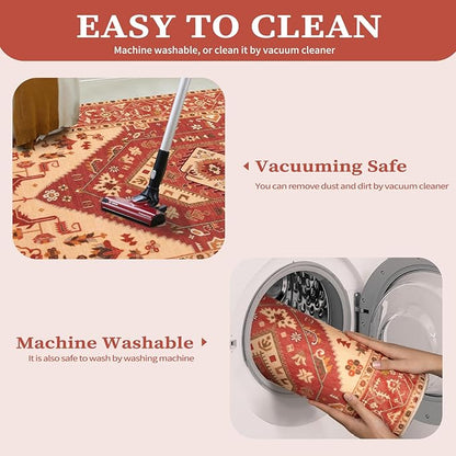 SERISSA 5x7 Boho Area Rug, Washable Non-Slip Rugs for Living Room, Large Red Rug Ultra Soft Vintage Oriental Print Distressed Carpet for Bedroom Dining Room Dorm Office Home Decor