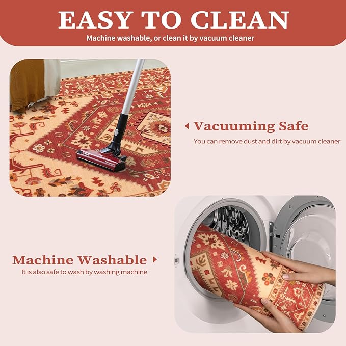 SERISSA 9x12 Area Rugs for Living Room, Large Washable Non-Slip Boho Rug, Ultra Soft Vintage Red Oriental Tribal Print Distressed Carpet for Dining Room Bedroom Dorm Office Home Decor