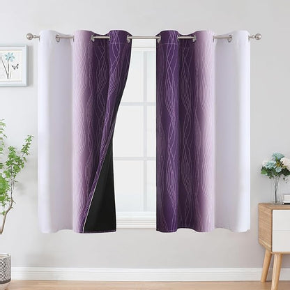 Estelar Textiler Purple and Greyish White Ombre Blackout Curtains 54 Inch Length 2 Panels, Full Room Darkening Gradient Drapes for Kitchen,Thermal Insulated Grommet Short Curtains for Bathroom,42Wx54L