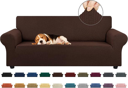 KEKUOU Stretch Sofa Cover Slipcover ，Couch Covers for 3 Cushion Couch Sofa pet Friendly (78"-94") Furniture Protector Sofa with Elastic Bottom for Kids,Dog, Jacquard Small Checked(Large,Chocolate)