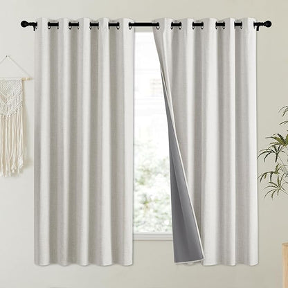 NICETOWN Snowbound Vintage Linen 100% Blackout Curtains for Kitchen, Thermal Insulated Curtains 63" Long, Noise Reducing Window Treatment Drapes for Dorm Room, 62" Wide Per Panel, Set of 2