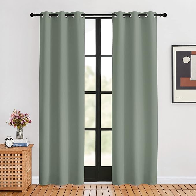 NICETOWN Window Curtain Panels, Greyish Green, 1 Pair, 34 by 80-inch, Thermal Insulated Solid Grommet Blackout Draperies/Drapes for Basement