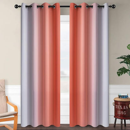 SimpleHome Ombre Room Darkening Curtains for Living Room, Light Blocking Gradient Coral to Greyish White Thermal Insulated Grommet Window Curtains/Drapes for Bedroom, 2 Panels, 52x84 inches Length