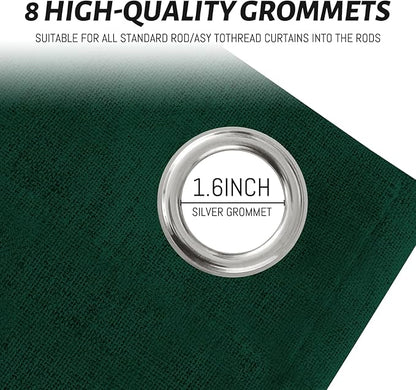 Yakamok Dark Green Linen Curtains 100% Blackout 84 Inches Long,Room Darkening Textured Drapes for Living Room Thermal Grommet Bedroom Curtains 2 Panels with White Liner