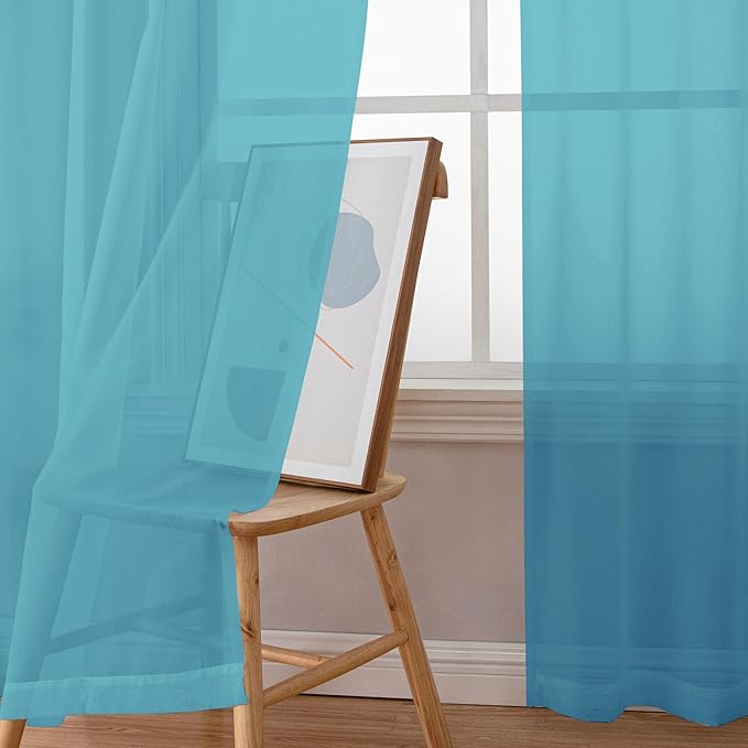 Simplebrand Turquoise Sheer Curtains 63 Inch Length 2 Panels, Rod Pocket Solid Color Window Sheer Curtain Panels, Elegant Curtains & Drapes for Living Room, Bedroom 2 Panels (Turquoise, 42" W x 63" L)