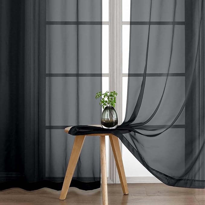 Black Sheer Curtains 216 Inches Long, Extra Long Elegant Light Filtering Voile Sheer Scarf Curtains for Wedding Party Ceremony Canopy Decor, Rod Pocket Window Drapes, 2x42Wx216L Inches
