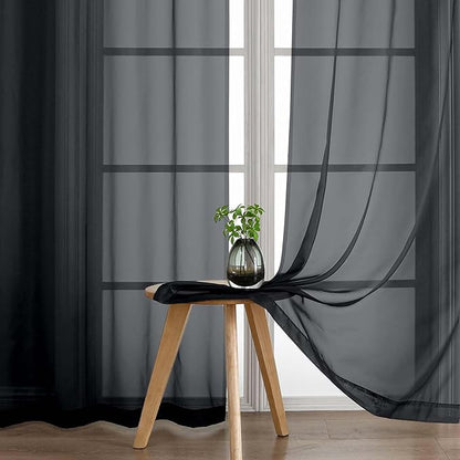 Black Sheer Curtains 216 Inches Long, Extra Long Elegant Light Filtering Voile Sheer Scarf Curtains for Wedding Party Ceremony Canopy Decor, Rod Pocket Window Drapes, 2x42Wx216L Inches
