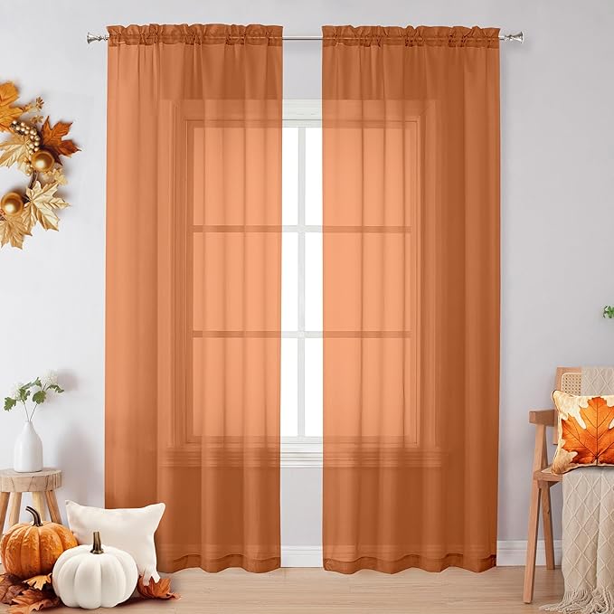 OVZME Orange Sheer Curtains 72 Inches Long 2 Panels - Soft Light Filtering Window Sheer Panels for Living Room/Bedroom, Top Dual Rod Pocket, 1 Pair, Each 42Wx72L Inches