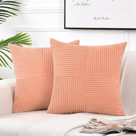 Fancy Homi 2 Packs Peach Samll Decorative Throw Pillow Covers 12x12 Inch with for Couch Bed Sofa, Rustic Farmhouse Boho Home Decor, Soft Corss Patchwork Corduroy Cute Square Cushion Case 30x30 cm