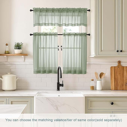 Sage Green Sheer Curtains Tier 30 Inches Length 2 Panels, Light Filtering Lightweight Soft Window Treatments Drapes, Cute Elegant Cafe Curtains for Nursery, Dual Rod Pocket, 2x42Wx30L Inches