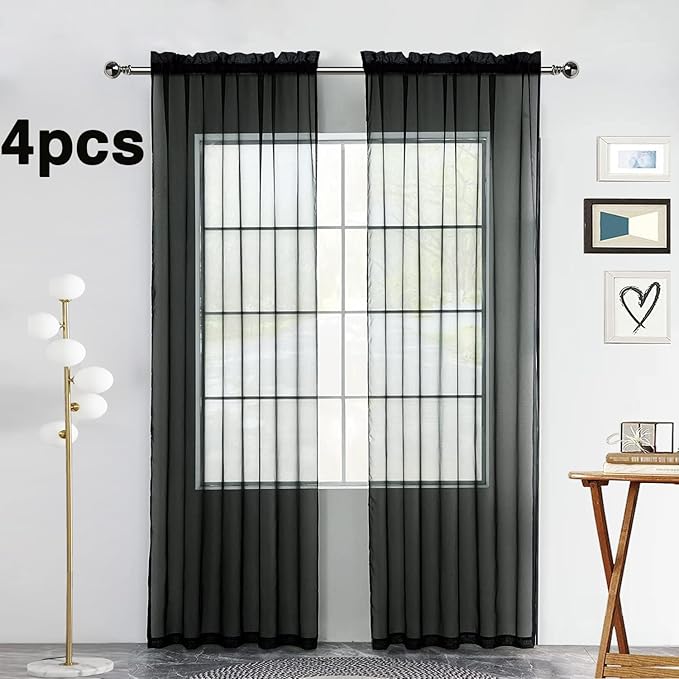 SpaceDresser Black Sheer Curtains 4 Panels Rod Pocket Semi-Sheer Curtain 90 Inches Long Light Filtering Voile Window Drapes for Bedroom Living Room Kitchen, Each 52W x 90L