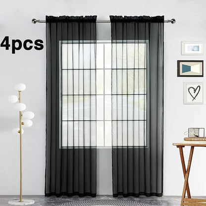 SpaceDresser Black Sheer Curtains 4 Panels Rod Pocket Semi-Sheer Curtain 90 Inches Long Light Filtering Voile Window Drapes for Bedroom Living Room Kitchen, Each 52W x 90L