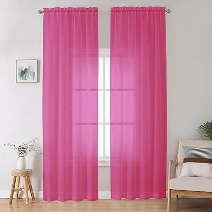 OWENIE Hot Pink Sheer Curtains for Bedroom Living Room 96 Inches Long 2 Panels Set, Soft Solid Light Filtering Clear Sheer Ceiling to Floor for Large Window, 2Pcs, Each 42" W x 96" L, Hot Pink