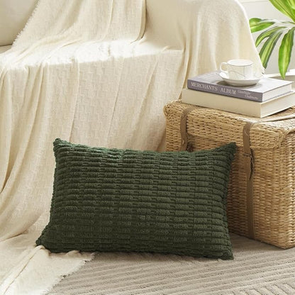 Fancy Homi 4 Packs Boho Olive Green Decorative Throw Pillow Covers 12x20 Inch for Couch Bed Sofa, Rustic Modern Farmhouse Home Decor, Soft Plush Corduroy Cute Square Cushion Case 30x50 cm