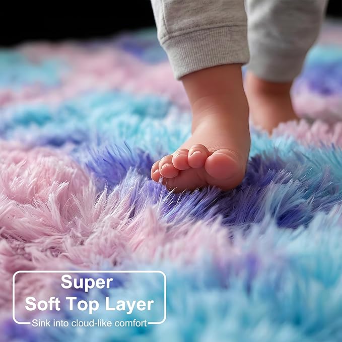 Amdrebio Purple Rainbow Round Rug 4Ft for Bedroom Girls Room Decor, Mermaid Stitch Frozen Kids Rugs for Playroom Nursery Dorm, Fluffy Furry Cute Shag Carpet, Kawaii Circle Area Rugs for Baby Toddler