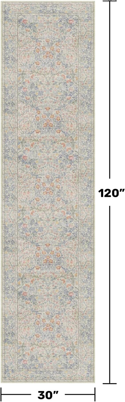 Hazo Haus Beige Blue Washable 2'6"x10' Wide Hallway Runners, Kitchen Runner Rug, Non-Slip & Stain Resistant 10ft Long Floor Rug, Retro Lilic Boho Floral Décor