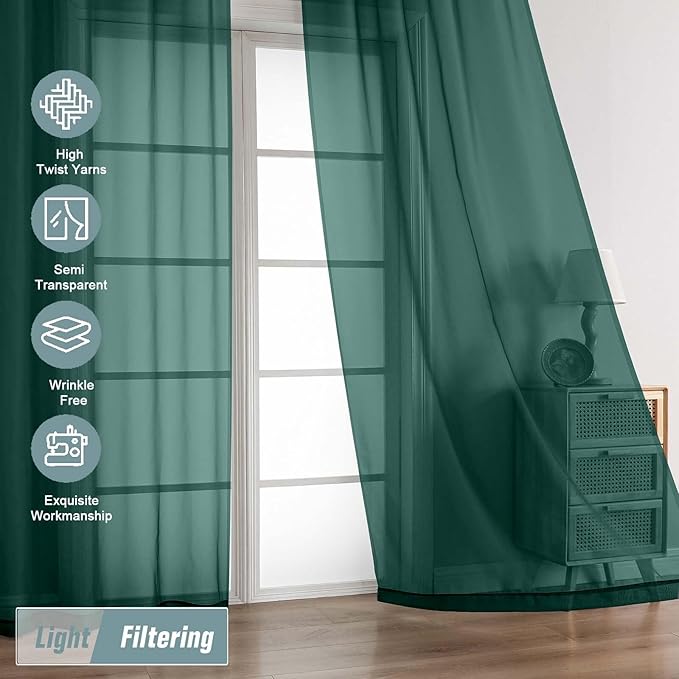 Green Sheer Curtains 84 Inches Long 2 Panels, Elegant Airy Transparent Light Filtering Window Curtains, Window Drapes for Christmas, Top Dual Rod Pocket Design, Hunter Green, 2x42Wx84L Inches