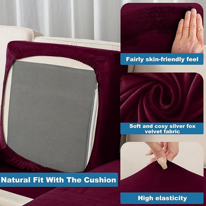 Couch Cover Stretch Velvet Sofa Cushion Cover 2-Piece - Elastic Washable Slipcover for Seat or Backrest, Couch Seat Covers for Sofas (Wine)