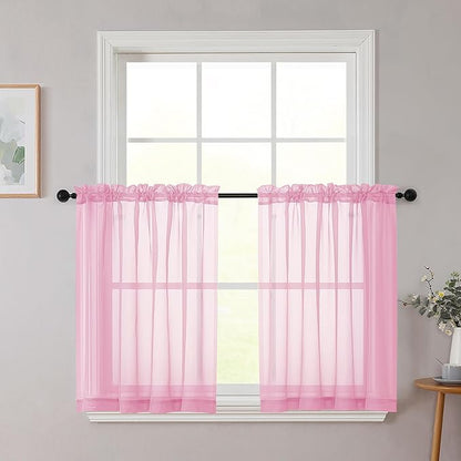 Pink Kitchen Curtains 30 Inch Length Tier 2 PCS, Solid Soft Airy Half Curtains for Windows, Pink Sheer Rod Pocket Drapes for Bathroom Basement Small Window, 42" Wx30 L Inches
