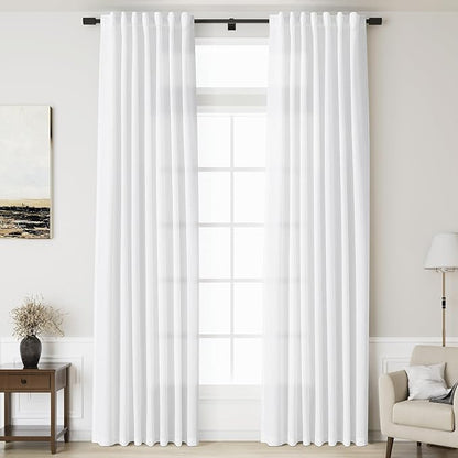 Linen White Curtains 132 inches Long for Living Room Back Tab Light Filtering Semi Sheer White Drapes Extra Long High Ceiling Curtains for Large Windows Patio Sliding Door Bedroom 11 Foot