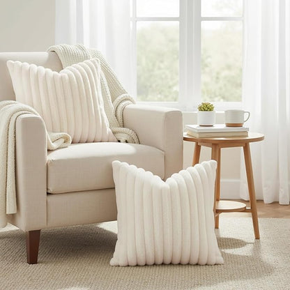 decorUhome Summer Cozy Faux Fur Throw Pillow Covers 20x20 Set of 2 Decorative Soft Plush Striped Modern Farmhouse Boho Couch Pillow Cases with Velvet Back for Sofa Bed Living Room, Cream White